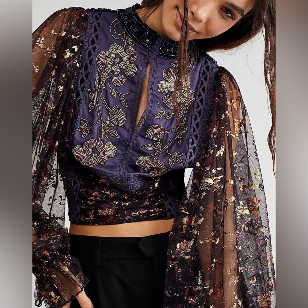 Free People Camille Top Cropped High Neck Lace Beaded Embellished